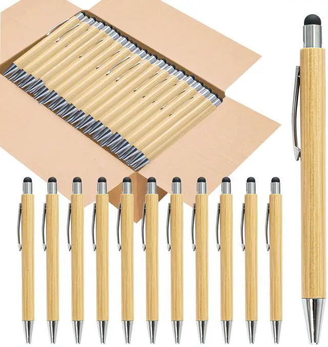 Main image of 250 Pack Bamboo Pens Bulk with Touch Stylus Tip Wooden Bamboo Pens Engraving Wooden Ballpoint Pen Customizable Gift Pen Bulk