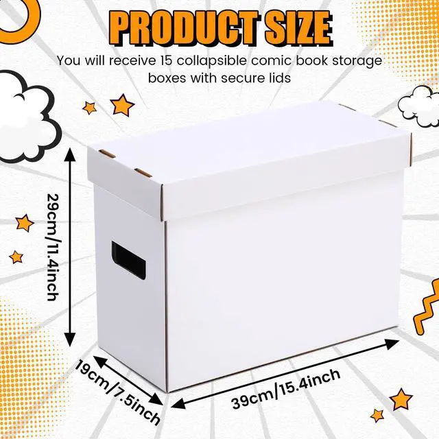 Alt view image 2 of 7 - 15 Pack Comic Book Storage Boxes, Holds 150-175 Comics, 15.4 x 7.5 x 11.4 Inch Stackable White Comic Short Bin Organizer Cardboard Box for Collapsible Magazine Book Collecting Supplies