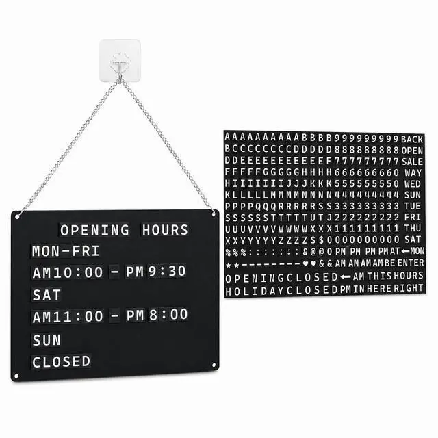 Main image of Changeable Hanging Message Sign for Store Hours and Entry Information | Reusable display board with magnetic letters,numbers,symbols,and preset words for business hours,storefront short guidance