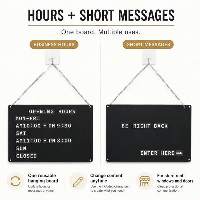 Alt view image 3 of 6 - Changeable Hanging Message Sign for Store Hours and Entry Information | Reusable display board with magnetic letters,numbers,symbols,and preset words for business hours,storefront short guidance