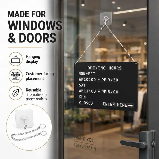 Alt view image 2 of 6 - Changeable Hanging Message Sign for Store Hours and Entry Information | Reusable display board with magnetic letters,numbers,symbols,and preset words for business hours,storefront short guidance
