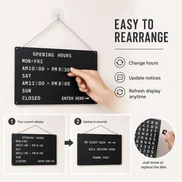 Alt view image 4 of 6 - Changeable Hanging Message Sign for Store Hours and Entry Information | Reusable display board with magnetic letters,numbers,symbols,and preset words for business hours,storefront short guidance