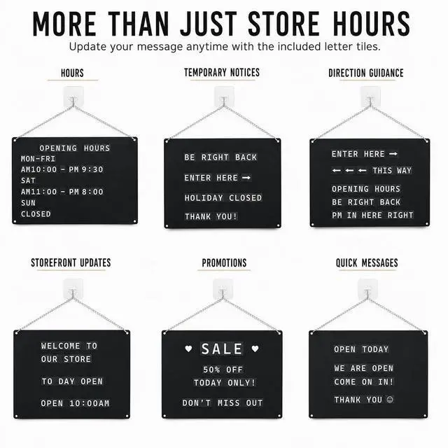 Alt view image 5 of 6 - Changeable Hanging Message Sign for Store Hours and Entry Information | Reusable display board with magnetic letters,numbers,symbols,and preset words for business hours,storefront short guidance