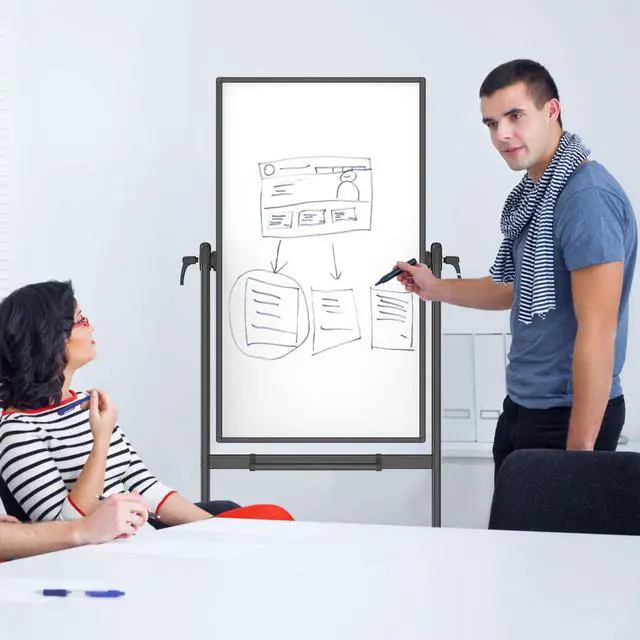 Alt view image 2 of 6 - Double-Sided Magnetic Mobile Dry Erase Whiteboard, 48" x 24", Black | Rolling Standing White Board on Wheels with Aluminium Frame for School Office Home