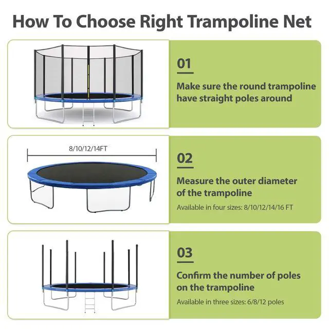 Alt view image 3 of 7 - Trampoline Net Replacement 8/10/12/14/16FT Safety Enclosure Nets | Double Head Zipper, Breathable Weather-Resistant Netting, with Adjustable Straps, for Straight Poles Round Frame