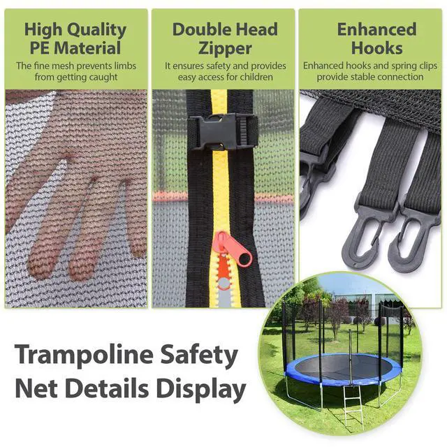 Alt view image 2 of 7 - Trampoline Net Replacement 8/10/12/14/16FT Safety Enclosure Nets | Double Head Zipper, Breathable Weather-Resistant Netting, with Adjustable Straps, for Straight Poles Round Frame