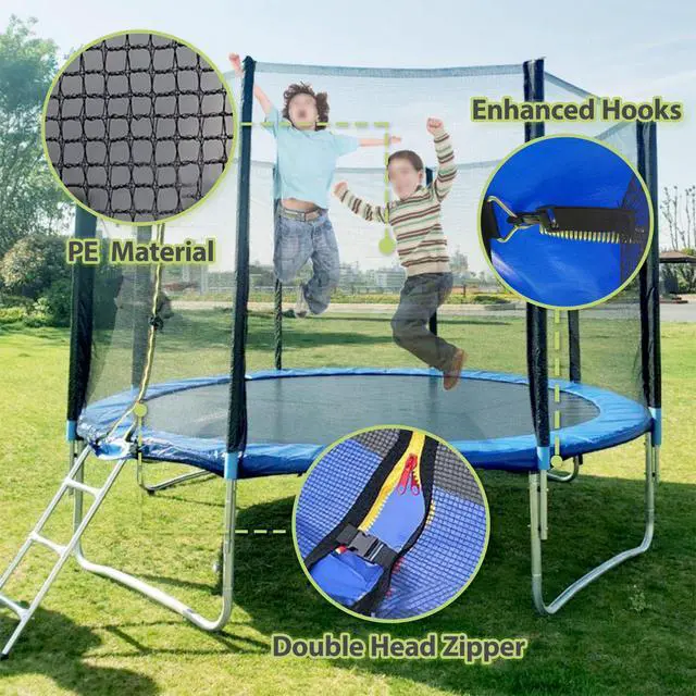 Alt view image 6 of 7 - Trampoline Net Replacement 8/10/12/14/16FT Safety Enclosure Nets | Double Head Zipper, Breathable Weather-Resistant Netting, with Adjustable Straps, for Straight Poles Round Frame