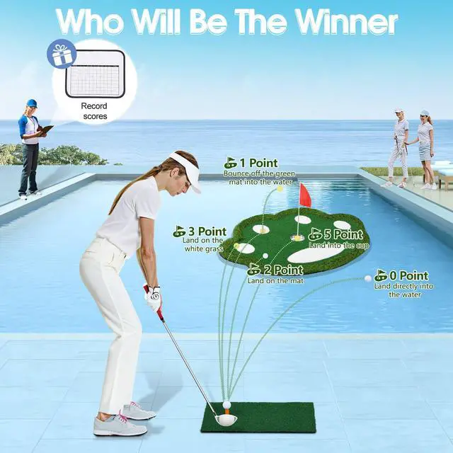Alt view image 4 of 6 - Floating Golf Green for Pool, Patented Pool Golf Game Floating Mat | Patented Shape, Pool Golf Chipping Game with Ball Retriever & Scoreboard, Pool, Beach & Backyard, Indoor & Outdoor Party Game