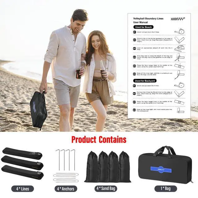 Alt view image 7 of 7 - Professional Beach Volleyball Lines for Sand 26.3' X 52.6'| 30' X 60', 2 inch, Better Visible, Upgraded Weather Resistance, with Metal Anchors & Sand Bags