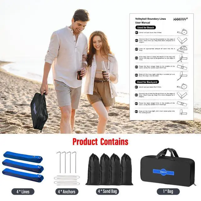 Alt view image 7 of 7 - Professional Beach Volleyball Lines for Sand 26.3' X 52.6'| 30' X 60', 2 inch, Better Visible, Upgraded Weather Resistance, with Metal Anchors & Sand Bags