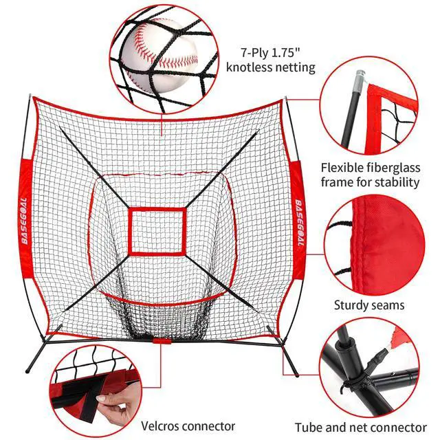 Alt view image 2 of 7 - 7'×7' Baseball Softball Practice Net,Baseball Backstop,with Batting Tee,for Hitting Pitching Batting Catching with Bow Frame,Bonus Strike Zone