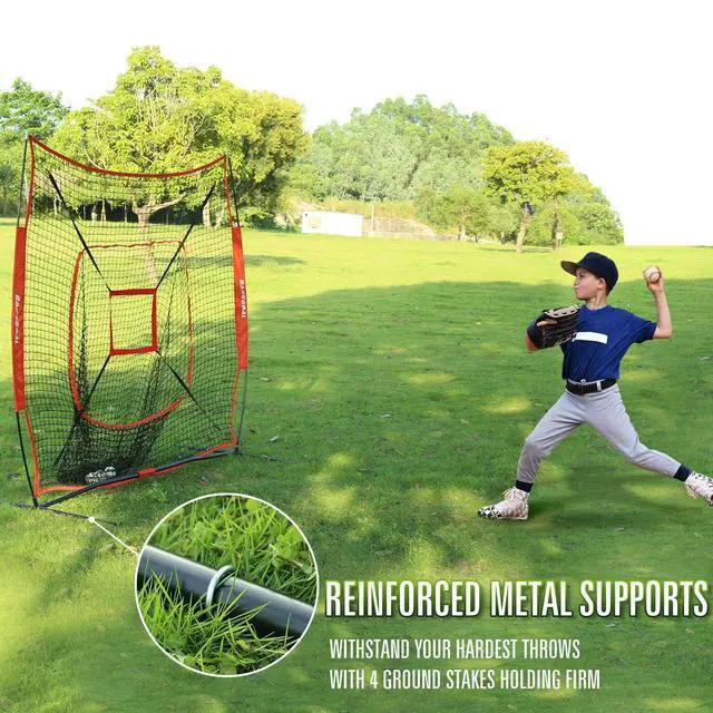 Alt view image 5 of 7 - 7'×7' Baseball Softball Practice Net,Baseball Backstop,with Batting Tee,for Hitting Pitching Batting Catching with Bow Frame,Bonus Strike Zone