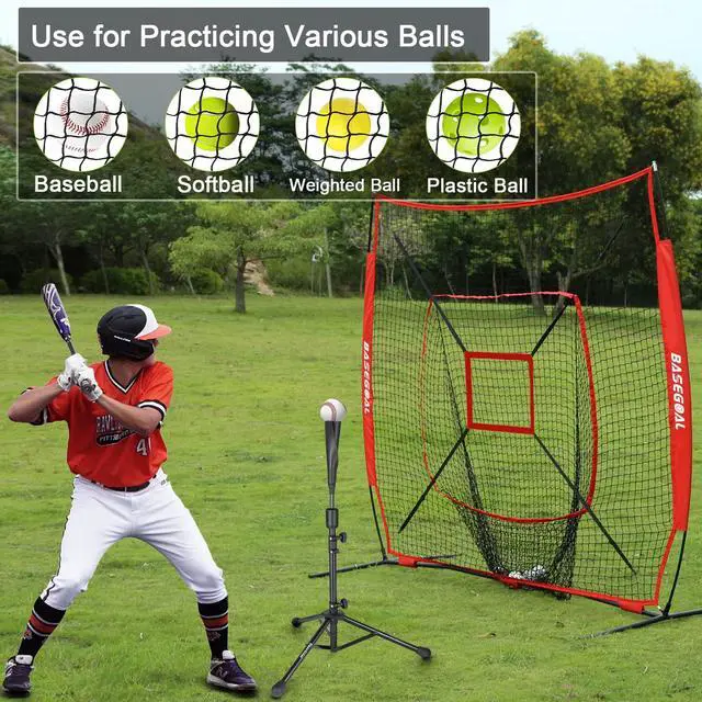 Alt view image 4 of 7 - 7'×7' Baseball Softball Practice Net,Baseball Backstop,with Batting Tee,for Hitting Pitching Batting Catching with Bow Frame,Bonus Strike Zone