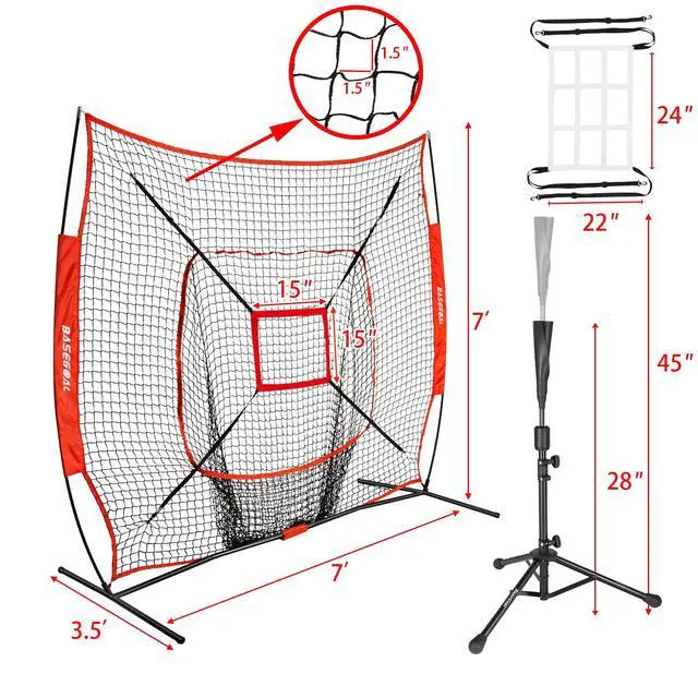 Alt view image 7 of 7 - 7'×7' Baseball Softball Practice Net,Baseball Backstop,with Batting Tee,for Hitting Pitching Batting Catching with Bow Frame,Bonus Strike Zone