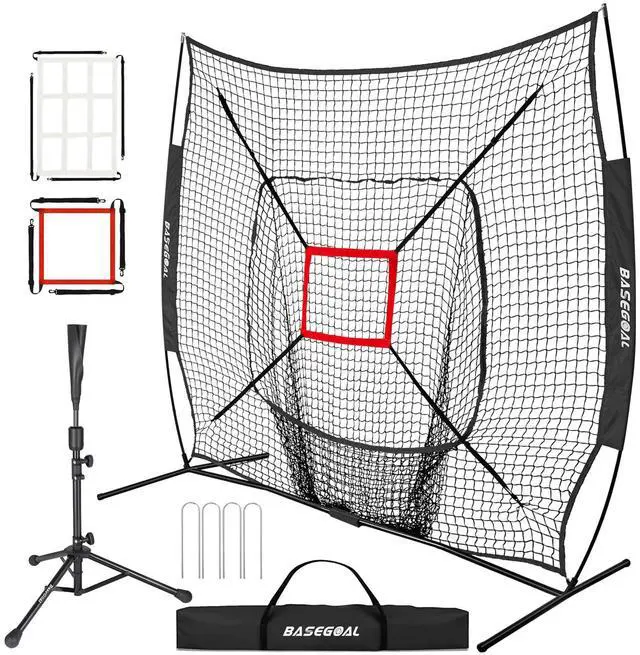 Main image of 7'×7' Baseball Softball Practice Net,Baseball Backstop,with Batting Tee,for Hitting Pitching Batting Catching with Bow Frame,Bonus Strike Zone