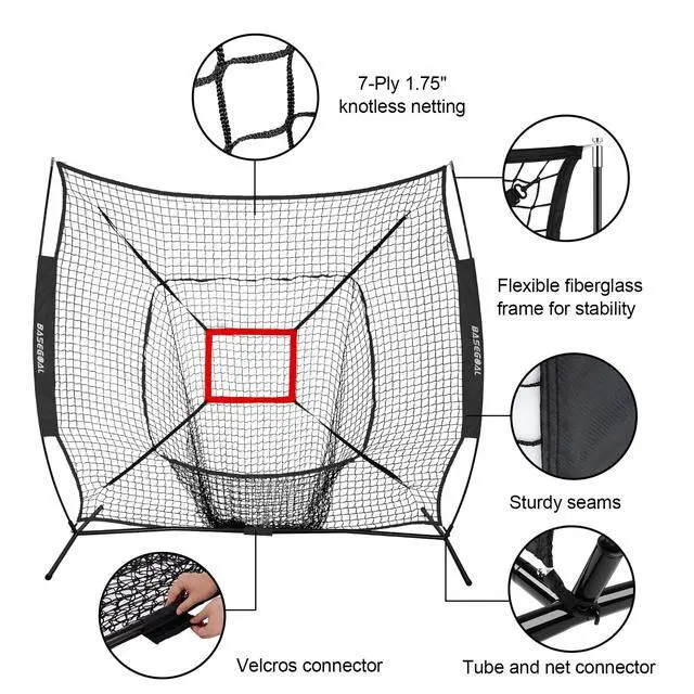 Alt view image 2 of 7 - 7'×7' Baseball Softball Practice Net,Baseball Backstop,with Batting Tee,for Hitting Pitching Batting Catching with Bow Frame,Bonus Strike Zone