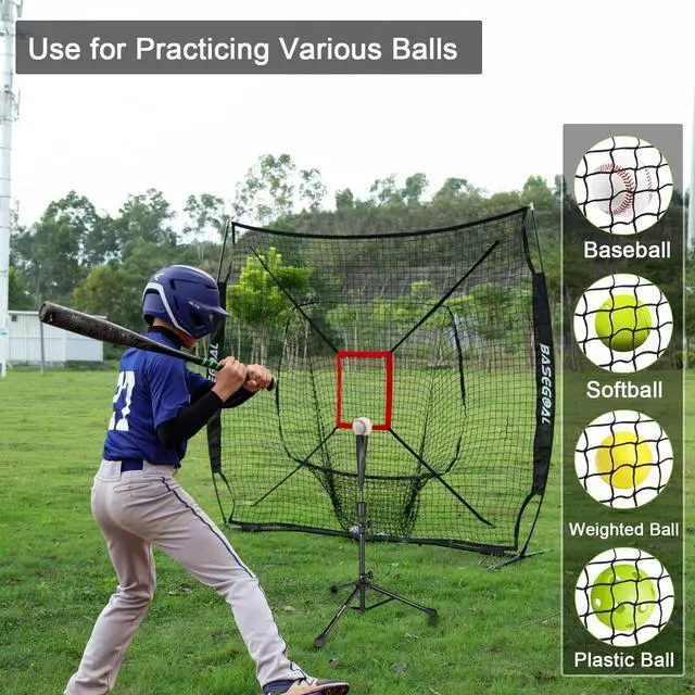 Alt view image 4 of 7 - 7'×7' Baseball Softball Practice Net,Baseball Backstop,with Batting Tee,for Hitting Pitching Batting Catching with Bow Frame,Bonus Strike Zone
