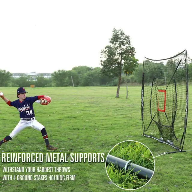 Alt view image 5 of 7 - 7'×7' Baseball Softball Practice Net,Baseball Backstop,with Batting Tee,for Hitting Pitching Batting Catching with Bow Frame,Bonus Strike Zone