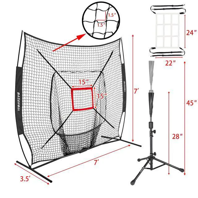 Alt view image 7 of 7 - 7'×7' Baseball Softball Practice Net,Baseball Backstop,with Batting Tee,for Hitting Pitching Batting Catching with Bow Frame,Bonus Strike Zone
