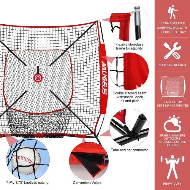 Alt view image 2 of 7 - 6'X6' Baseball Softball Practice Net with Batting Tee and Ball Caddy, Bonus Strike Zone Target and Bow Frame, for Hitting, Pitching, Catching