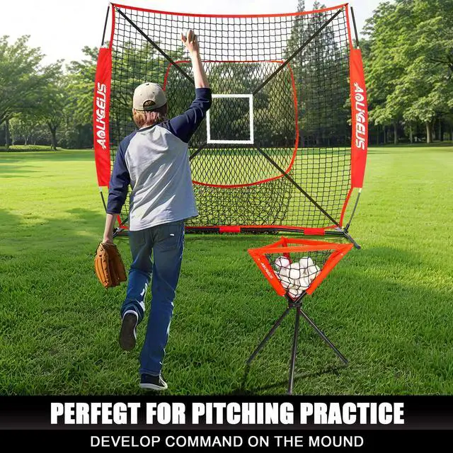 Alt view image 4 of 7 - 6'X6' Baseball Softball Practice Net with Batting Tee and Ball Caddy, Bonus Strike Zone Target and Bow Frame, for Hitting, Pitching, Catching
