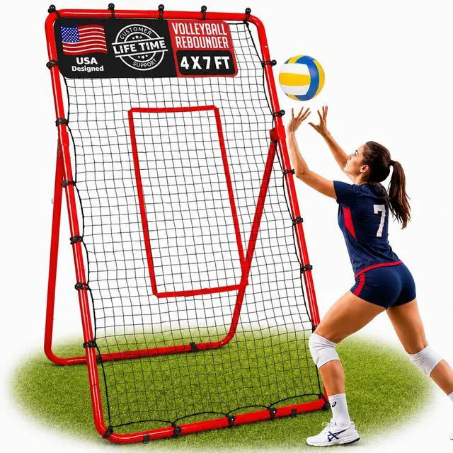Main image of Volleyball Rebounder Net 4x7 FT - 6 Adjustable Angles Volleyball Training Equipment for Passing Setting Serving Spiking Practice, Portable Volleyball Trainer for Solo Training