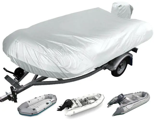 Main image of Inflatable Boat Cover 8-9ft with Lining,Motor Cover&Storage Net | with Soft Cotton Lining Prevent Scratches,Hurricane Proof System,Waterproof,Anti-UV,900D for Storage, Mooring,Trailer