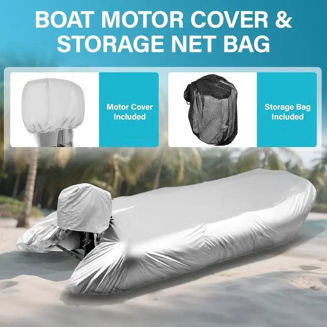 Alt view image 4 of 7 - Inflatable Boat Cover 8-9ft with Lining,Motor Cover&Storage Net | with Soft Cotton Lining Prevent Scratches,Hurricane Proof System,Waterproof,Anti-UV,900D for Storage, Mooring,Trailer