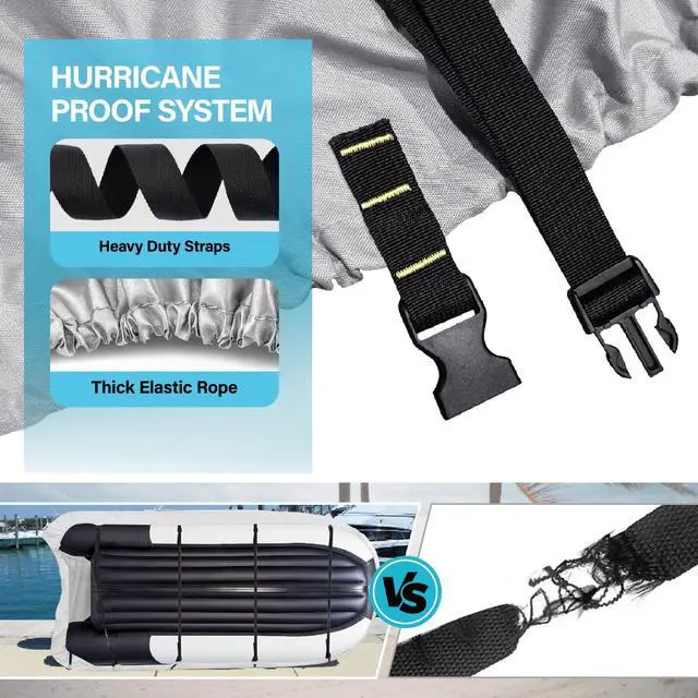Alt view image 5 of 7 - Inflatable Boat Cover 8-9ft with Lining,Motor Cover&Storage Net | with Soft Cotton Lining Prevent Scratches,Hurricane Proof System,Waterproof,Anti-UV,900D for Storage, Mooring,Trailer