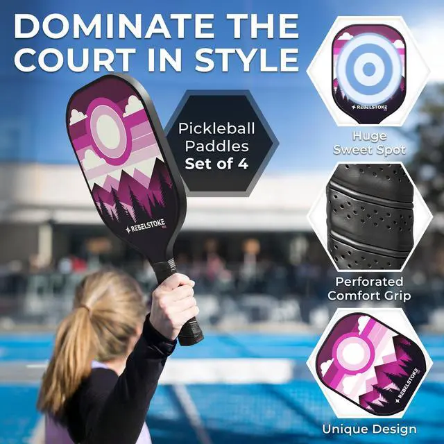 Alt view image 2 of 7 - Pickleball Paddles Set of 4 Premium Fiberglass Paddle Set with 14mm Polypropylene Honeycomb Core Complete Bundle with 8 Indoor/Outdoor Balls & Carry Bag for Beginners to Advanced