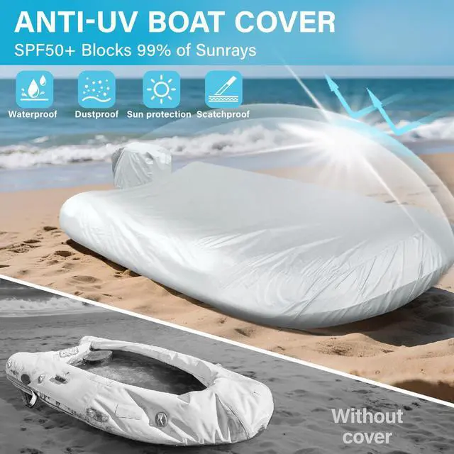 Alt view image 6 of 7 - Inflatable Boat Cover 8-9ft with Lining,Motor Cover&Storage Net | with Soft Cotton Lining Prevent Scratches,Hurricane Proof System,Waterproof,Anti-UV,900D for Storage, Mooring,Trailer