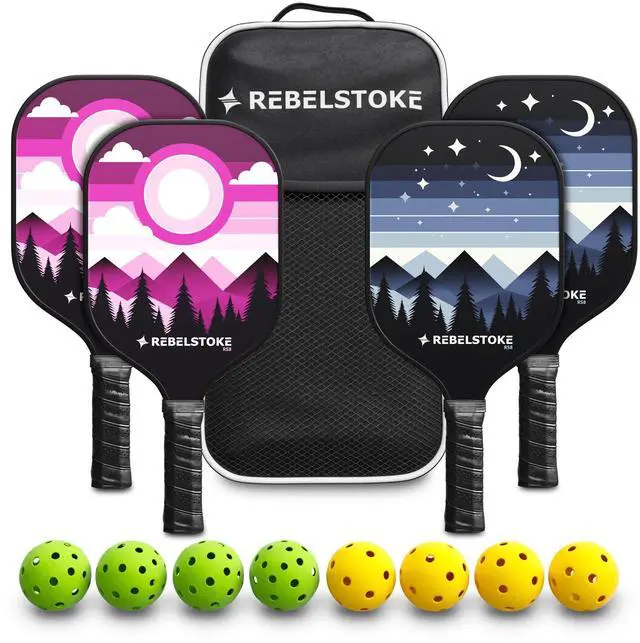 Main image of Pickleball Paddles Set of 4 Premium Fiberglass Paddle Set with 14mm Polypropylene Honeycomb Core Complete Bundle with 8 Indoor/Outdoor Balls & Carry Bag for Beginners to Advanced