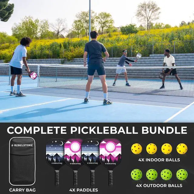 Alt view image 7 of 7 - Pickleball Paddles Set of 4 Premium Fiberglass Paddle Set with 14mm Polypropylene Honeycomb Core Complete Bundle with 8 Indoor/Outdoor Balls & Carry Bag for Beginners to Advanced