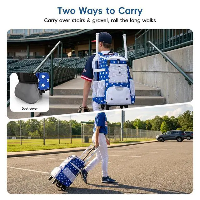 Alt view image 2 of 7 - 2-in-1 Rolling Baseball & Softball Bag, Detachable Backpack, Roll or Carry, Dual-Pole Anti-Tip, 3.5" Wheels, No Tools Setup