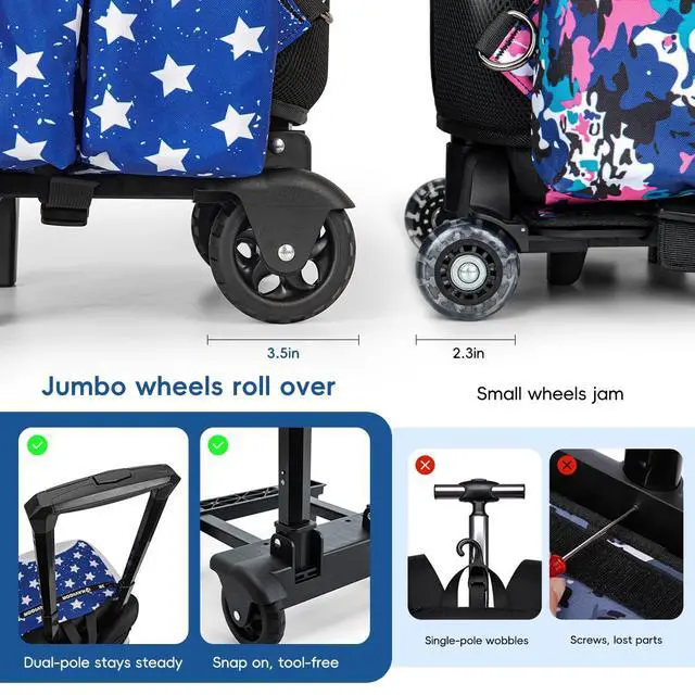 Alt view image 4 of 7 - 2-in-1 Rolling Baseball & Softball Bag, Detachable Backpack, Roll or Carry, Dual-Pole Anti-Tip, 3.5" Wheels, No Tools Setup