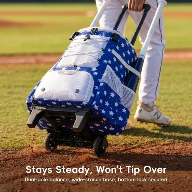 Alt view image 5 of 7 - 2-in-1 Rolling Baseball & Softball Bag, Detachable Backpack, Roll or Carry, Dual-Pole Anti-Tip, 3.5" Wheels, No Tools Setup