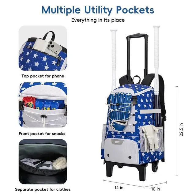 Alt view image 3 of 7 - 2-in-1 Rolling Baseball & Softball Bag, Detachable Backpack, Roll or Carry, Dual-Pole Anti-Tip, 3.5" Wheels, No Tools Setup