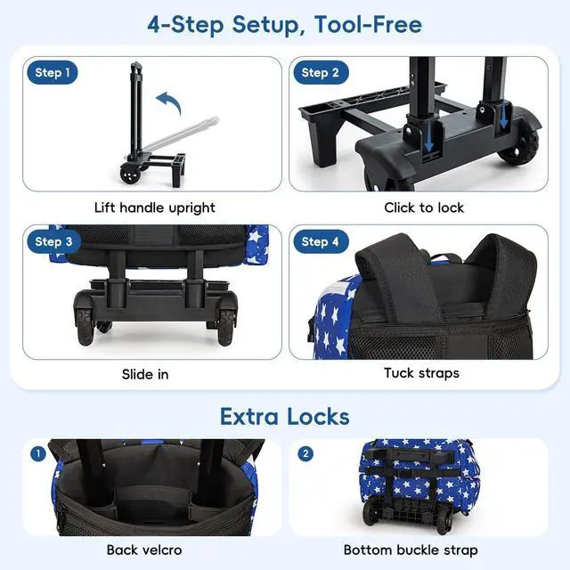 Alt view image 6 of 7 - 2-in-1 Rolling Baseball & Softball Bag, Detachable Backpack, Roll or Carry, Dual-Pole Anti-Tip, 3.5" Wheels, No Tools Setup