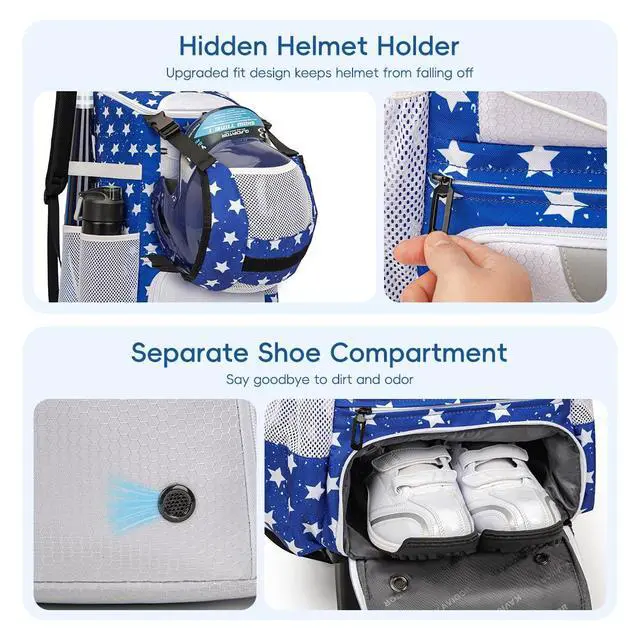 Alt view image 7 of 7 - 2-in-1 Rolling Baseball & Softball Bag, Detachable Backpack, Roll or Carry, Dual-Pole Anti-Tip, 3.5" Wheels, No Tools Setup