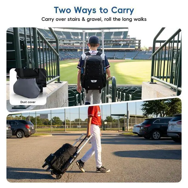 Alt view image 2 of 7 - 2-in-1 Rolling Baseball & Softball Bag, Detachable Backpack, Roll or Carry, Dual-Pole Anti-Tip, 3.5" Wheels, No Tools Setup