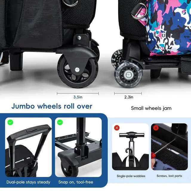 Alt view image 4 of 7 - 2-in-1 Rolling Baseball & Softball Bag, Detachable Backpack, Roll or Carry, Dual-Pole Anti-Tip, 3.5" Wheels, No Tools Setup