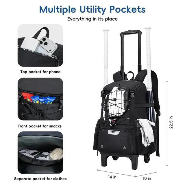 Alt view image 3 of 7 - 2-in-1 Rolling Baseball & Softball Bag, Detachable Backpack, Roll or Carry, Dual-Pole Anti-Tip, 3.5" Wheels, No Tools Setup