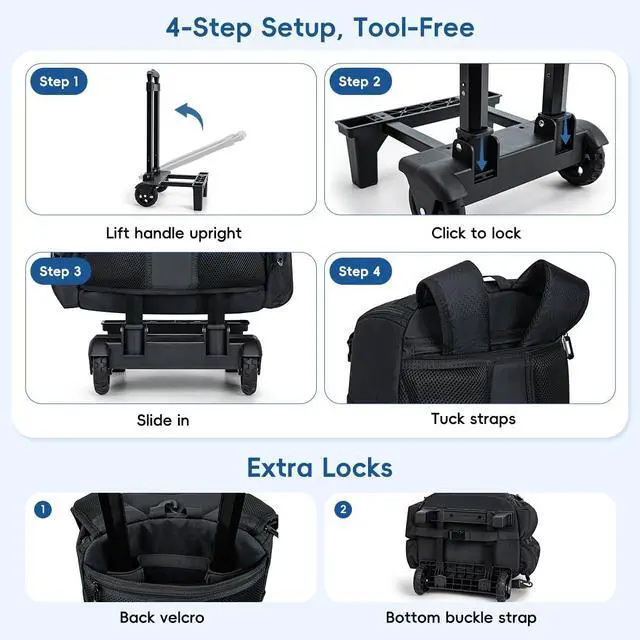 Alt view image 6 of 7 - 2-in-1 Rolling Baseball & Softball Bag, Detachable Backpack, Roll or Carry, Dual-Pole Anti-Tip, 3.5" Wheels, No Tools Setup