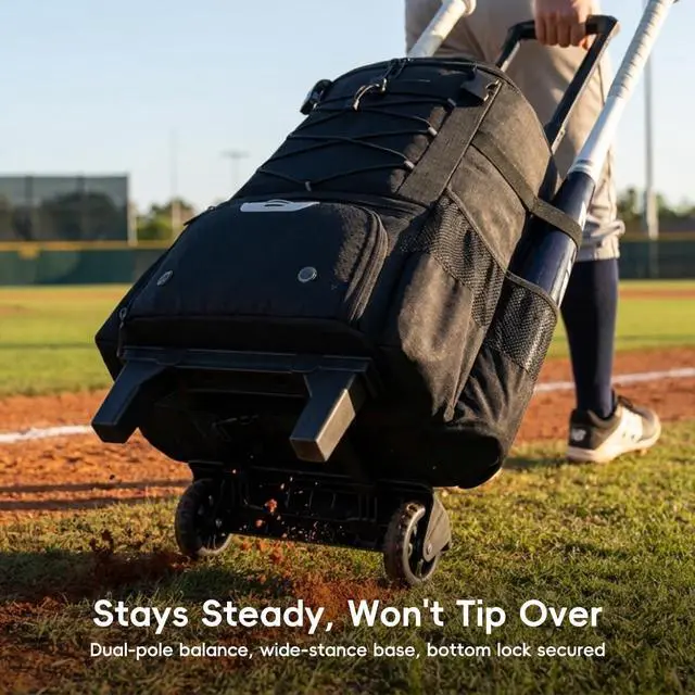 Alt view image 5 of 7 - 2-in-1 Rolling Baseball & Softball Bag, Detachable Backpack, Roll or Carry, Dual-Pole Anti-Tip, 3.5" Wheels, No Tools Setup