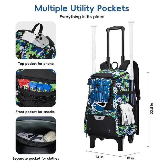 Alt view image 3 of 7 - 2-in-1 Rolling Baseball & Softball Bag, Detachable Backpack, Roll or Carry, Dual-Pole Anti-Tip, 3.5" Wheels, No Tools Setup