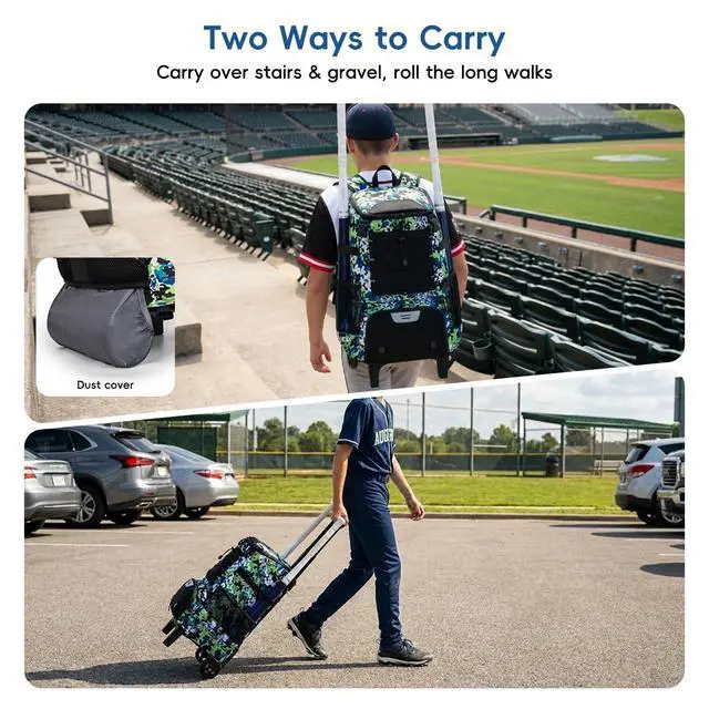 Alt view image 2 of 7 - 2-in-1 Rolling Baseball & Softball Bag, Detachable Backpack, Roll or Carry, Dual-Pole Anti-Tip, 3.5" Wheels, No Tools Setup