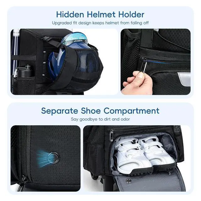 Alt view image 7 of 7 - 2-in-1 Rolling Baseball & Softball Bag, Detachable Backpack, Roll or Carry, Dual-Pole Anti-Tip, 3.5" Wheels, No Tools Setup