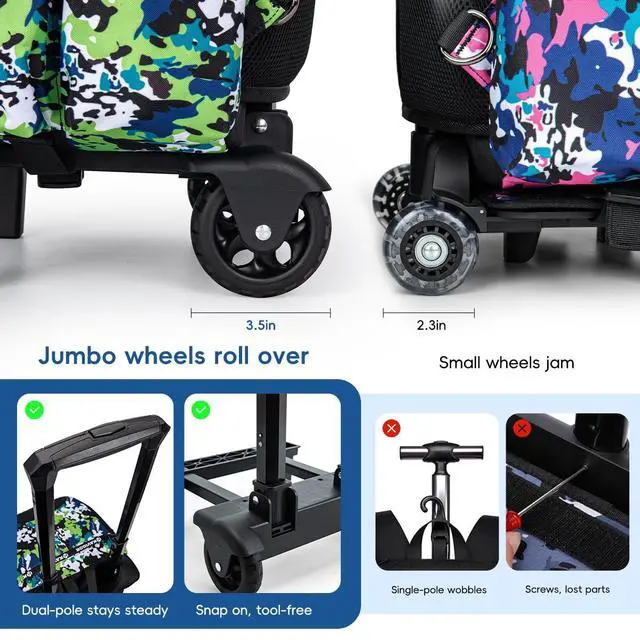 Alt view image 4 of 7 - 2-in-1 Rolling Baseball & Softball Bag, Detachable Backpack, Roll or Carry, Dual-Pole Anti-Tip, 3.5" Wheels, No Tools Setup