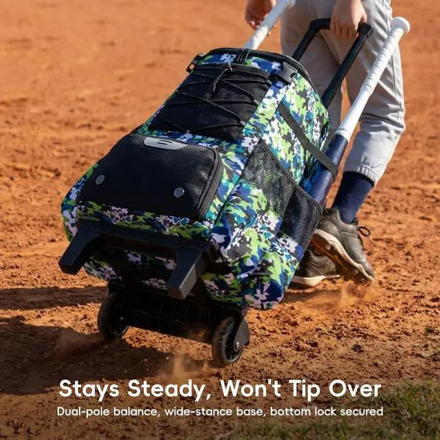 Alt view image 5 of 7 - 2-in-1 Rolling Baseball & Softball Bag, Detachable Backpack, Roll or Carry, Dual-Pole Anti-Tip, 3.5" Wheels, No Tools Setup