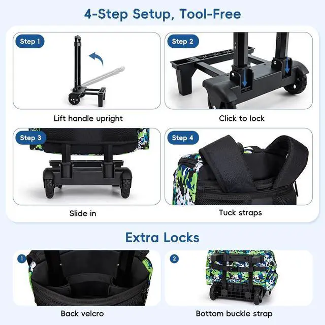 Alt view image 6 of 7 - 2-in-1 Rolling Baseball & Softball Bag, Detachable Backpack, Roll or Carry, Dual-Pole Anti-Tip, 3.5" Wheels, No Tools Setup